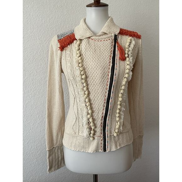 Anthropologie Sweater Angel of the North Cardigan Pom Pom Fringe - Picture 1 of 16